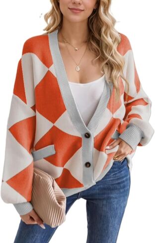 Sumleno Women Y2k Aesthetic Cardigan Sweaters Argyle Long Sleeve Open Front Knit Outerwear Trendy Oversized Fall Tops in Kuwait