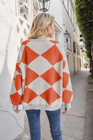 Sumleno Women Y2k Aesthetic Cardigan Sweaters Argyle Long Sleeve Open Front Knit Outerwear Trendy Oversized Fall Tops in Kuwait