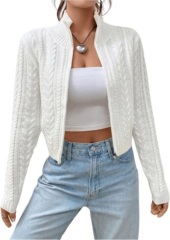 MakeMeChic Women's Cable Knit Mock Neck Zipper Crop Top Long Sleeve Lightweight Cardigan Sweater in Kuwait