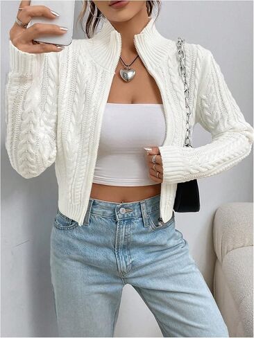 MakeMeChic Women's Cable Knit Mock Neck Zipper Crop Top Long Sleeve Lightweight Cardigan Sweater in Kuwait