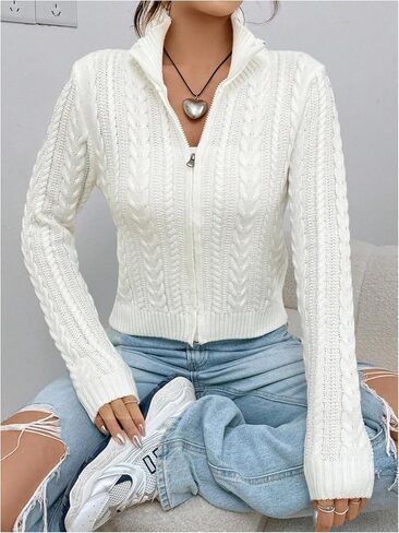 MakeMeChic Women's Cable Knit Mock Neck Zipper Crop Top Long Sleeve Lightweight Cardigan Sweater in Kuwait