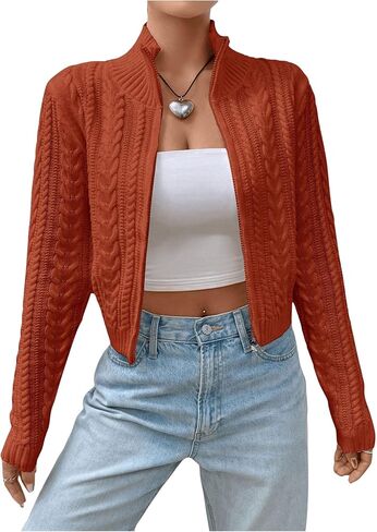 MakeMeChic Women's Cable Knit Mock Neck Zipper Crop Top Long Sleeve Lightweight Cardigan Sweater in Kuwait