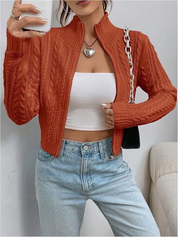 MakeMeChic Women's Cable Knit Mock Neck Zipper Crop Top Long Sleeve Lightweight Cardigan Sweater in Kuwait