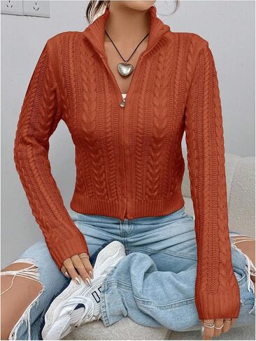 MakeMeChic Women's Cable Knit Mock Neck Zipper Crop Top Long Sleeve Lightweight Cardigan Sweater in Kuwait
