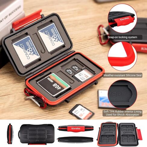 Kiorafoto 24 Slots Memory Card Case for SD Micro SD TF,IPX5 Water-Resistant | Anti-Shock,Memory Card Holder for 12 MicroSD SDXC SDHC TF & 12 SD SDXC SDHC Cards,Hard Shell with Rubber Interior & Carabiner in Kuwait