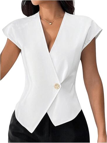 Milumia Women's Button Front V Neck Cap Sleeve Asymmetrical Hem Office Blazers in Saudi Arabia