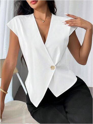Milumia Women's Button Front V Neck Cap Sleeve Asymmetrical Hem Office Blazers in Saudi Arabia