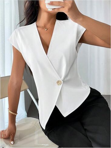 Milumia Women's Button Front V Neck Cap Sleeve Asymmetrical Hem Office Blazers in Saudi Arabia