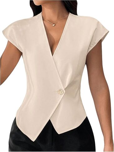 Milumia Women's Button Front V Neck Cap Sleeve Asymmetrical Hem Office Blazers in Saudi Arabia