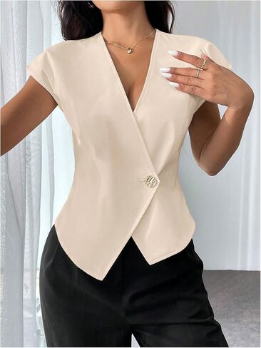 Milumia Women's Button Front V Neck Cap Sleeve Asymmetrical Hem Office Blazers in Saudi Arabia