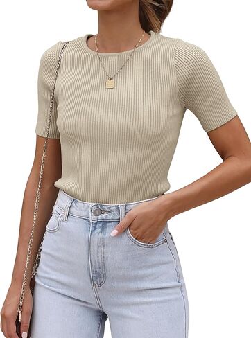 ATHMILE Womens Ribbed Knit T Shirt Casual Crewneck Tops Short Sleeve/Long Sleeve Sweaters Slim Fit Basic Tees in Saudi Arabia