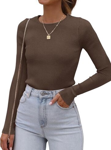 ATHMILE Womens Ribbed Knit T Shirt Casual Crewneck Tops Short Sleeve/Long Sleeve Sweaters Slim Fit Basic Tees in Saudi Arabia