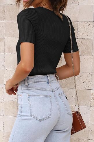 تي شيرت نسائي من ATHMILE مضلع متماسك تي شيرت كاجوال بياقة دائرية وأكمام قصيرة/أكمام طويلة سترات أساسية بقصة ضيقة in Kuwait