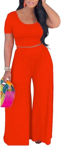 2 Piece Outfits for Women Sexy Backless Short Sleeve Crop Top High Waist Wide Leg Long Pant Sets Tracksuit Sport Set in Saudi Arabia