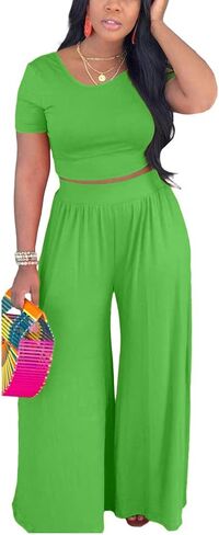 2 Piece Outfits for Women Sexy Backless Short Sleeve Crop Top High Waist Wide Leg Long Pant Sets Tracksuit Sport Set in Saudi Arabia