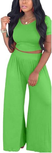 2 Piece Outfits for Women Sexy Backless Short Sleeve Crop Top High Waist Wide Leg Long Pant Sets Tracksuit Sport Set in Saudi Arabia
