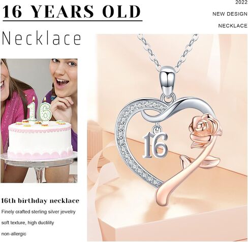 18 Year Old Girl Birthday Gifts / 10th/11th/12th/13th/15th/16th/17th/21th/30th/40th/ 50th/60th/70th/75th/80th/85th/90th Birthday Gifts for Women Daughter 925 Sterling Silver Love Heart Rose Flower Pendant Necklace for Wife Mom Mothers Day Christmas Annive in Saudi Arabia