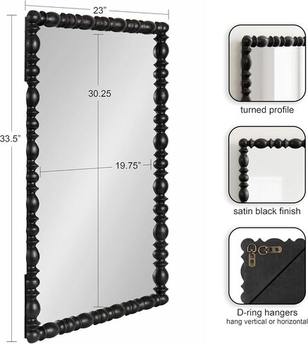 Kate and Laurel Prindle Turned Wood Beaded Rectangle Mirror, 23 x 34, Black, Vintage Rectangular Wall Mirror for Use as Fireplace Mantel Mirror Bathroom Mirror for Over Sink in Saudi Arabia
