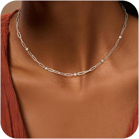 Gold Necklace for Women, 14K Gold/Silver Plated Station Necklace Paperclip Chain Necklaces for Women, Zircon Station Necklace Layered Freshwater Pearl Necklace Jewelry for Women in Kuwait