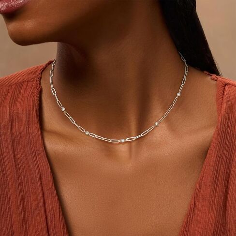 Gold Necklace for Women, 14K Gold/Silver Plated Station Necklace Paperclip Chain Necklaces for Women, Zircon Station Necklace Layered Freshwater Pearl Necklace Jewelry for Women in Kuwait