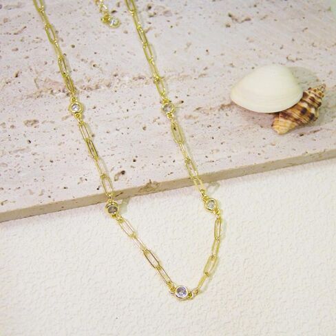 Gold Necklace for Women, 14K Gold/Silver Plated Station Necklace Paperclip Chain Necklaces for Women, Zircon Station Necklace Layered Freshwater Pearl Necklace Jewelry for Women in Kuwait