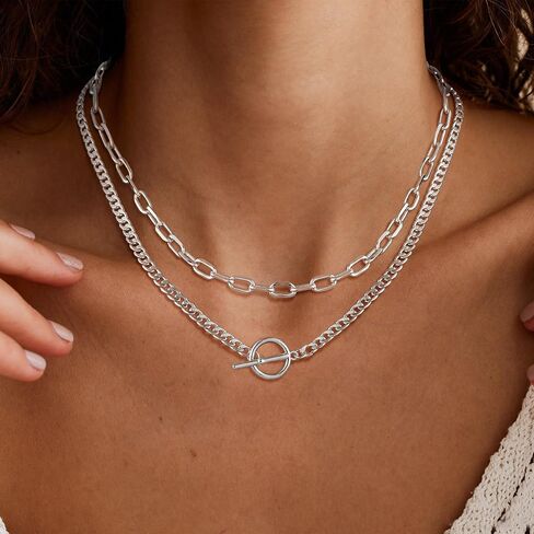 Kyerlyn Silver Necklaces for Women, Sterling Silver Stackable Stack Herringbone Choker Necklaces for Women Trendy Layering Circle Pendant Chain Necklace Set Jewelry for Women in Saudi Arabia