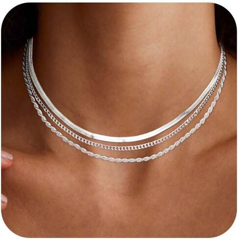 Kyerlyn Silver Necklaces for Women, Sterling Silver Stackable Stack Herringbone Choker Necklaces for Women Trendy Layering Circle Pendant Chain Necklace Set Jewelry for Women in Saudi Arabia