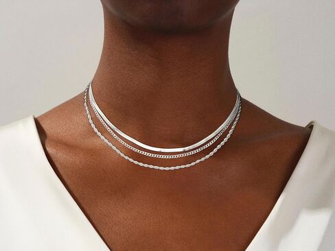 Kyerlyn Silver Necklaces for Women, Sterling Silver Stackable Stack Herringbone Choker Necklaces for Women Trendy Layering Circle Pendant Chain Necklace Set Jewelry for Women in Saudi Arabia