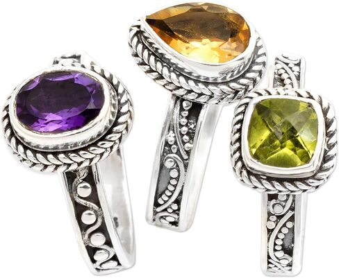 NOVICA Artisan Handmade Multigemstone Stacking Rings Sterling Silver Set of 3 Amethyst Citrine Peridot Cocktail Indonesia Birthstone [crown (amethyst) 0.3 in H x 0.4 in W x 0.2 in D Crown (citrine) 0] in Saudi Arabia