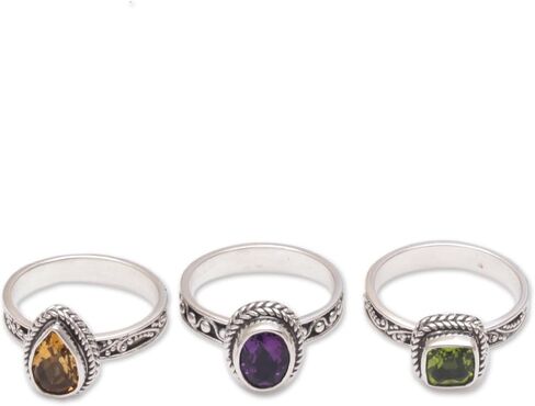 NOVICA Artisan Handmade Multigemstone Stacking Rings Sterling Silver Set of 3 Amethyst Citrine Peridot Cocktail Indonesia Birthstone [crown (amethyst) 0.3 in H x 0.4 in W x 0.2 in D Crown (citrine) 0] in Saudi Arabia