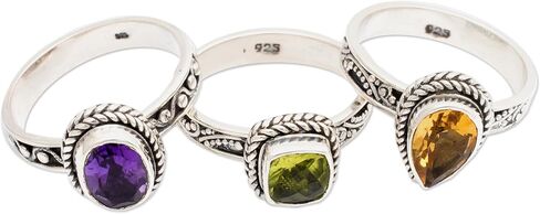 NOVICA Artisan Handmade Multigemstone Stacking Rings Sterling Silver Set of 3 Amethyst Citrine Peridot Cocktail Indonesia Birthstone [crown (amethyst) 0.3 in H x 0.4 in W x 0.2 in D Crown (citrine) 0] in Saudi Arabia