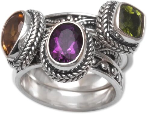 NOVICA Artisan Handmade Multigemstone Stacking Rings Sterling Silver Set of 3 Amethyst Citrine Peridot Cocktail Indonesia Birthstone [crown (amethyst) 0.3 in H x 0.4 in W x 0.2 in D Crown (citrine) 0] in Saudi Arabia