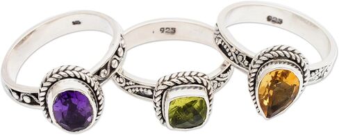 NOVICA Artisan Handmade Multigemstone Stacking Rings Sterling Silver Set of 3 Amethyst Citrine Peridot Cocktail Indonesia Birthstone [crown (amethyst) 0.3 in H x 0.4 in W x 0.2 in D Crown (citrine) 0] in Saudi Arabia