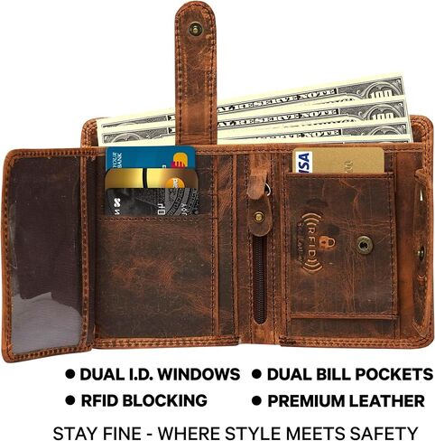 Top Grain Leather Wallet for Men | RFID Blocking | Bifold, Extra Capacity with 2 ID Windows | Ultra Strong Stitching | Slim Billfold with Card Slots | Gift for Him, Brown in Saudi Arabia