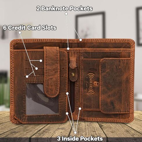 Top Grain Leather Wallet for Men | RFID Blocking | Bifold, Extra Capacity with 2 ID Windows | Ultra Strong Stitching | Slim Billfold with Card Slots | Gift for Him, Brown in Saudi Arabia