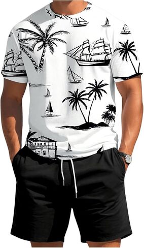 Men's 2 Piece Outfits Tropical Graphic Short Sleeve T-Shirt and Drawstring Waist Shorts Sets in Saudi Arabia