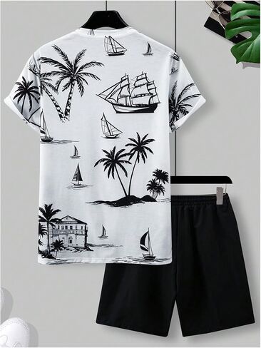 Men's 2 Piece Outfits Tropical Graphic Short Sleeve T-Shirt and Drawstring Waist Shorts Sets in Saudi Arabia