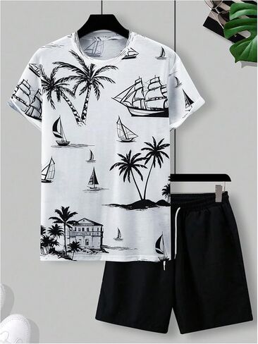 Men's 2 Piece Outfits Tropical Graphic Short Sleeve T-Shirt and Drawstring Waist Shorts Sets in Saudi Arabia
