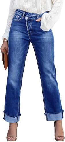 بنطال جينز Cicy Bell نسائي عالي الخصر موديل 2024 مستقيم الساق قابل للتمدد كاجوال بأساور من قماش الدنيم in Kuwait