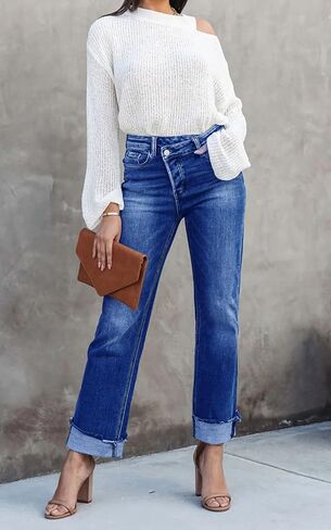 بنطال جينز Cicy Bell نسائي عالي الخصر موديل 2024 مستقيم الساق قابل للتمدد كاجوال بأساور من قماش الدنيم in Kuwait