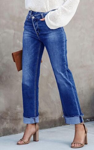 بنطال جينز Cicy Bell نسائي عالي الخصر موديل 2024 مستقيم الساق قابل للتمدد كاجوال بأساور من قماش الدنيم in Kuwait