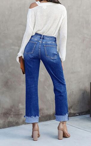 بنطال جينز Cicy Bell نسائي عالي الخصر موديل 2024 مستقيم الساق قابل للتمدد كاجوال بأساور من قماش الدنيم in Kuwait