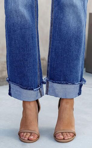 بنطال جينز Cicy Bell نسائي عالي الخصر موديل 2024 مستقيم الساق قابل للتمدد كاجوال بأساور من قماش الدنيم in Kuwait