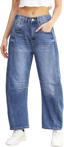 Ladyful Barrel Jeans for Women Wide Leg Elastic Mid Rise Denim Pants Baggy Cropped Boyfriend Ankle Jeans in Saudi Arabia