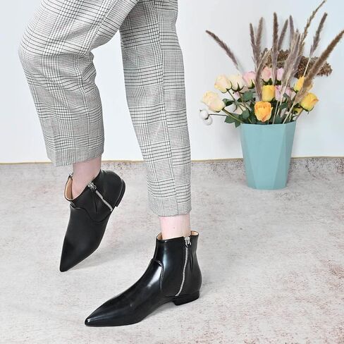 XYD Women's Formal Pointed Closed Toe Flats Ankle Boots Low Heel Booties Office Dress Shoes with Double Side Zippers in Kuwait