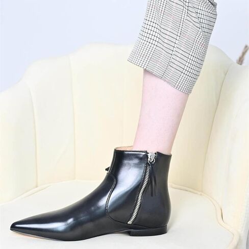 XYD Women's Formal Pointed Closed Toe Flats Ankle Boots Low Heel Booties Office Dress Shoes with Double Side Zippers in Kuwait