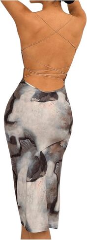 GORGLITTER Women's Tie Dye Backless Bodycon Dress Spaghetti Strap Cami Long Dresses with Slit in Saudi Arabia