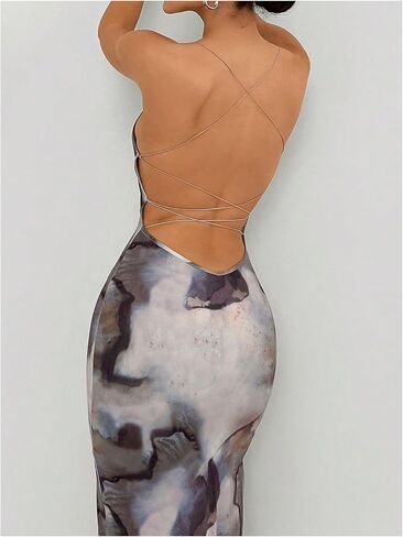 GORGLITTER Women's Tie Dye Backless Bodycon Dress Spaghetti Strap Cami Long Dresses with Slit in Saudi Arabia
