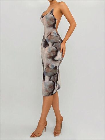 GORGLITTER Women's Tie Dye Backless Bodycon Dress Spaghetti Strap Cami Long Dresses with Slit in Saudi Arabia