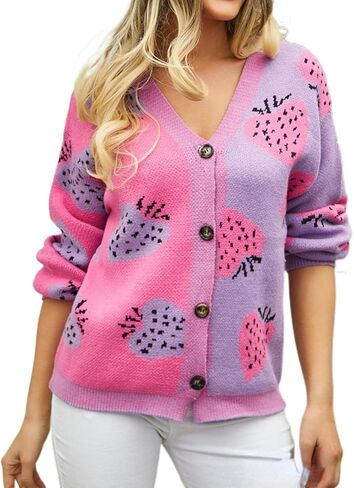 Women's Cute Strawberry Graphic Cardigan Sweaters Button Down Color Block Knit Jacket Trendy Y2K Aesthetic Preppy Clothes in Kuwait